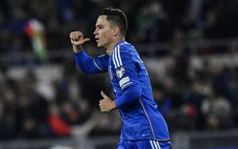 ItalyÕs Giacomo Raspadori celebrates his goal during the UEFA Euro 2024 Group C qualification round match between Italy and North Macedonia at the Olimpico stadium in Rome, Italy, 17 November 2023. ANSA/RICCARDO ANTIMIANI