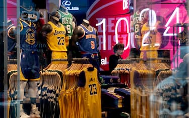 NEW YORK, NY - MARCH 12: NBA basketball teams' sportswear is displayed at the NBA store on 5th Avenue on March 12, 2020 in New York City. The National Basketball Association said they would suspend all games after player Rudy Gobert of the Utah Jazz reportedly tested positive for the Coronavirus (COVID-19). (Photo by Jeenah Moon/Getty Images)