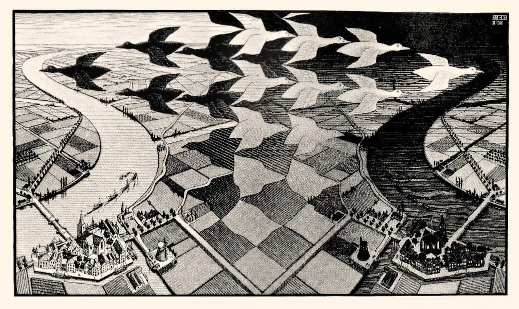 Maurits Cornelis Escher, Day and Night, 1938 Xylographie, 391 x 677 mm. Collection M.C. Escher Heritage, Pays-Bas All M.C. Escher works © 2025 The M.C. Escher Company, The Netherlands. All rights reserved www.mcescher.com
