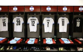 BUCHAREST, ROMANIA - SEPTEMBER 09: A general view inside the Israel dressing room prior to the UEFA EURO 2024 European qualifier match between Romania and Israel at National Arena on September 09, 2023 in Bucharest, Romania. (Photo by Francesco Scaccianoce - UEFA/UEFA via Getty Images )