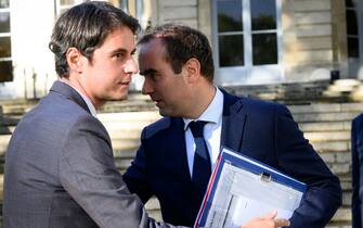 Gabriel Attal, Minister of National Education and Youth with Sebastien Lecornu, Minister of the Armed Forces, during the 4th Interministerial Committee at the Paris 2024 Olympic and Paralympic Games at Matignon, in Paris, France, on October 20, 2023. Photo by Eric Tschaen/Pool/ABACAPRESS.COM