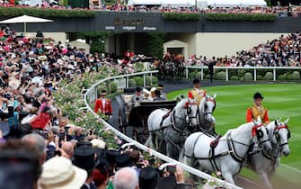 ASCOT, ENGLAND - JUNE 20: Carriage carrying King Charles III and Queen Camilla, The Duke of Wellington and The Duchess of Wellington is seen on day one during Royal Ascot 2023 at Ascot Racecourse on June 20, 2023 in Ascot, England. (Photo by Tom Dulat/Getty Images for Ascot Racecourse)