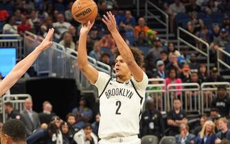 Orlando, Florida, USA, March 26, 2023, Brooklyn Nets forward Cameron Johnson #2 shoots a three in the first half at the Amway Center.  (Photo by Marty Jean-Louis/Sipa USA)