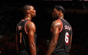 MIAMI, FL - JANUARY 23:  ;(L-R) Chris Bosh #1 and LeBron James #6 of the Miami Heat during the game against the Los Angeles Lakers at American Airlines Arena in Miami, Florida on Jan. 23, 2014. NOTE TO USER: User expressly acknowledges and agrees that, by downloading and/or using this photograph, user is consenting to the terms and conditions of the Getty Images License Agreement. Mandatory copyright notice: Copyright NBAE 2014 (Photo by Issac Baldizon/NBAE via Getty Images)