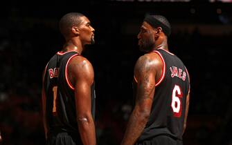 MIAMI, FL - JANUARY 23:  ;(L-R) Chris Bosh #1 and LeBron James #6 of the Miami Heat during the game against the Los Angeles Lakers at American Airlines Arena in Miami, Florida on Jan. 23, 2014. NOTE TO USER: User expressly acknowledges and agrees that, by downloading and/or using this photograph, user is consenting to the terms and conditions of the Getty Images License Agreement. Mandatory copyright notice: Copyright NBAE 2014 (Photo by Issac Baldizon/NBAE via Getty Images)