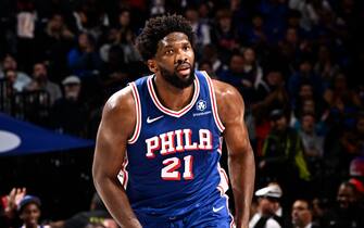 PHILADELPHIA, PA - OCTOBER 29: Joel Embiid #21 of the Philadelphia 76ers looks on during the game against the Portland Trail Blazers on October 29, 2023 at the Wells Fargo Center in Philadelphia, Pennsylvania NOTE TO USER: User expressly acknowledges and agrees that, by downloading and/or using this Photograph, user is consenting to the terms and conditions of the Getty Images License Agreement. Mandatory Copyright Notice: Copyright 2023 NBAE (Photo by David Dow/NBAE via Getty Images)