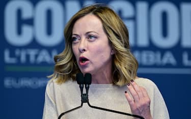 Italian Prime Minister Giorgia Meloni delivers a speech during a campaign meeting of Italian far-right party "Fratelli d'Italia" (Brothers of Italy), on June 1, 2024 in Rome. (Photo by Tiziana FABI / AFP) (Photo by TIZIANA FABI/AFP via Getty Images)