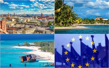collage: immagini di più paradisi fiscali e la bandiera Ue