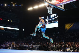 INDIANAPOLIS, IN - FEBRUARY 17: Jacob Toppin #00 of the New York Knicks during the AT&T Slam Dunk Contest as a part of State Farm All-Star Saturday Night on Saturday, February 17, 2024 at Lucas Oil Stadium in Indianapolis, Indiana. NOTE TO USER: User expressly acknowledges and agrees that, by downloading and/or using this Photograph, user is consenting to the terms and conditions of the Getty Images License Agreement. Mandatory Copyright Notice: Copyright 2024 NBAE (Photo by Nathaniel S. Butler/NBAE via Getty Images)