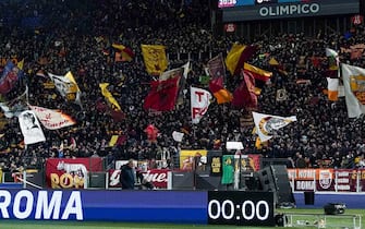 Supporters of AS Roma during the Serie A match between AS Roma and Udinese Calcio at Stadio Olimpico, Rome, Italy on 16 April 2023.  (Photo by Giuseppe Maffia/NurPhoto via Getty Images)