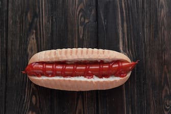 hot dog with smoked sausage on dark wooden background.photo with