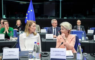 epa11609089 President of the European Parliament, Roberta Metsola (L), and President of the European Commission, Ursula von der Leyen (R), speak before the start of the Conference of Presidents meeting at the European Parliament in Strasbourg, France, 17 September 2024.  EPA/Teresa Suarez