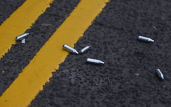 DUBLIN, IRELAND - FEBRUARY 12: 
Discarded small silver canisters littered on streets of Dublin, Ireland, on February 12, 2023.
Canisters contains nitrous oxide, the chemical compound traditionally used in baking or in hospitals as a pain killer but  also inhaled as a drug, known as laughing gas. (Photo by Artur Widak/NurPhoto via Getty Images)