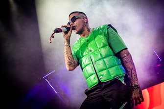 TURIN, ITALY - OCTOBER 09: Sfera Ebbasta performs at Pala Alpitour  on October 09, 2022 in Turin, Italy. (Photo by Roberto Finizio/Getty Images)