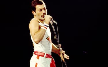 English Rock vocalist Freddie Mercury (1946 - 1991), of the group Queen, performs onstage at Byrne Arena, East Rutherford, New Jersey, August 9, 1982. (Photo By Gary Gershoff/Getty Images)