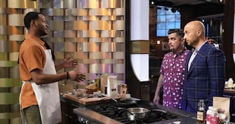 MASTERCHEF: L-R: Contestant Kolby with judges Aarón Sánchez and Joe Bastianich in the “Mystery Box” episode of MASTERCHEF airing Wednesday, July 12 (8:00-9:02 PM ET/PT) on FOX. © 2023 FOXMEDIA LLC. Cr: FOX.