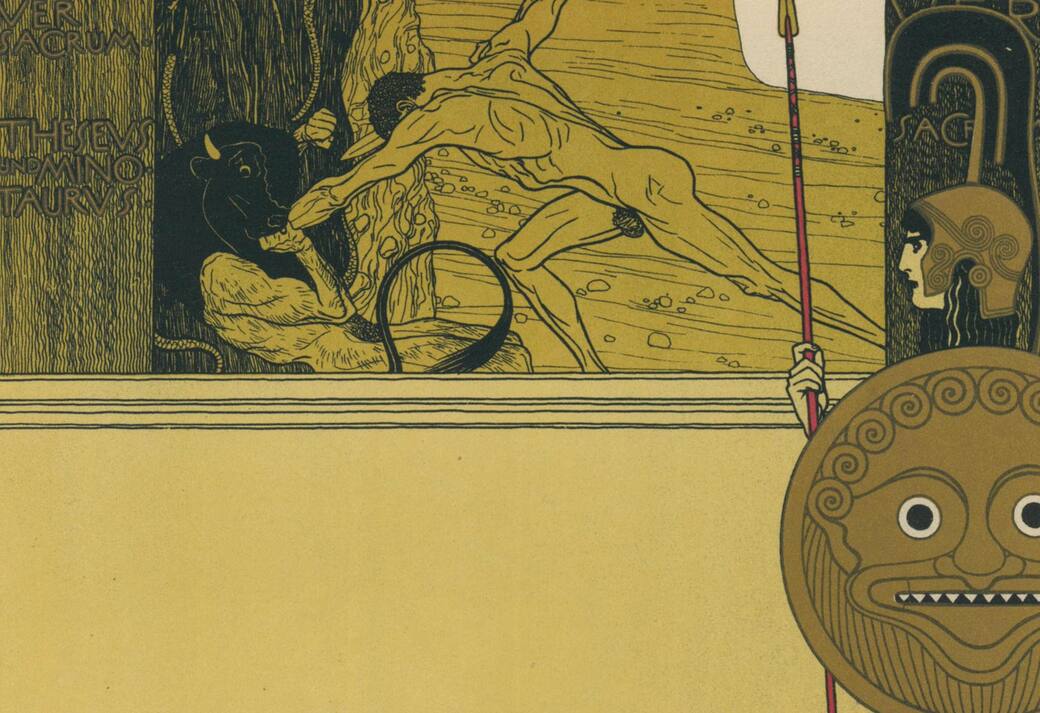 Gustav Klimt, manifesto per la I Mostra della Secessione, litografia a colori e oro, da Ottokar Mascha, Österreichische Plakatkunst, Wien, Kunstverlag J. Lowy, 1915. Collezione privata, Milano