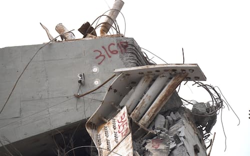 Macerie della pila 10, a margine dell'apertura del bypass viario di via Walter Fillak che passa da via Porro questo pomeriggio. Praticamente conlusa la demolizione di ponte Morandi. Genova, 12 agosto 2019.
ASNA/LUCA ZENNARO