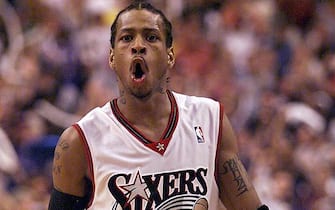 PHILADELPHIA, :  Allen Iverson of the Philadelphia 76ers yells to the fans during the end of game seven 03 June 2001 during the NBA Eastern Conference finals against the Milwaukee Bucks. The 76ers won the game 108-91 and will face the Los Angeles Lakers in the NBA Finals staring 06 June 2001.   AFP PHOTO/Jeff HAYNES (Photo credit should read JEFF HAYNES/AFP via Getty Images)