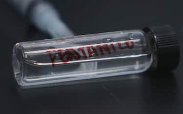 A fentanyl sample is seen at the Colombian Police Anti-Drug Chemistry Laboratory on August 2, 2023, in Bogota. According to Colombian police, 1384 doses of fentanyl have been seized so far in 2023. (Photo by Juan Pablo Pino / AFP) (Photo by JUAN PABLO PINO/AFP via Getty Images)