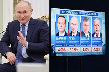 Preliminary results of the presidential election are displayed on a screen at the campaign headquarters of Russian President and presidential candidate Vladimir Putin in Moscow on March 17, 2024. (Photo by NATALIA KOLESNIKOVA / AFP) (Photo by NATALIA KOLESNIKOVA/AFP via Getty Images)