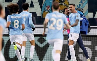 Lazio s Matias Vecino (R) jubilates with his teammates after scoring the goal during the Italian Serie A soccer match Udinese Calcio vs SS Lazio at the Friuli - Dacia Arena stadium in Udine, Italy, 7 January 2024. ANSA / GABRIELE MENIS