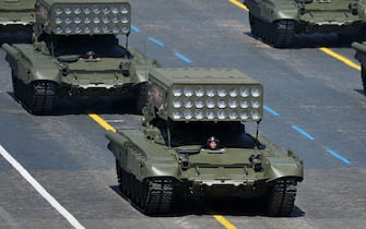 MOSCOW, RUSSIA - JUNE 24: Solntsepyok (Blazing Sun) multiple thermobaric rocket launchers during the Victory Day military parade in Red Square marking the 75th anniversary of the victory in World War II, on June 24, 2020 in Moscow, Russia. The 75th-anniversary marks the end of the Great Patriotic War when the Nazi's capitulated to the then Soviet Union.  (Photo by Evgeny Biyatov - Host Photo Agency via Getty Images )