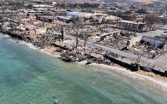 epa10797705 A handout photo made available by the Hawaii Department of Department of Land and Natural Resources shows an aerial view of the wildfire aftermath in Lahaina on Maui, Hawaii, on 11 August 2023 (issued 12 August 2023). Officials have said at least 80 people have died in the wildfires on Maui, Hawaii.  EPA/HAWAII DEPARTMENT OF LAND AND NATURAL RESOURCES HANDOUT . HANDOUT EDITORIAL USE ONLY/NO SALES