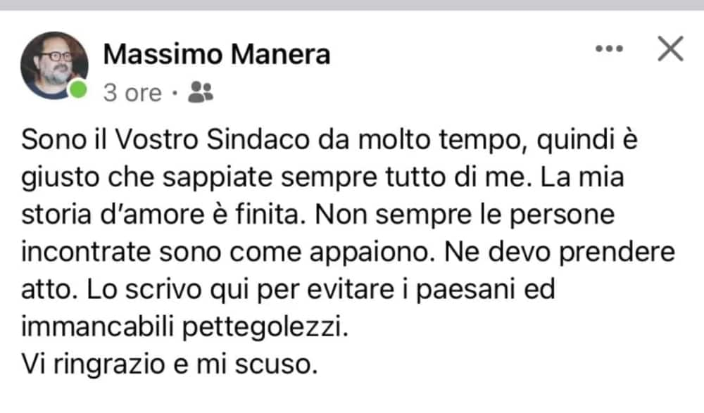 Il post su Facebook del sindaco Manera.