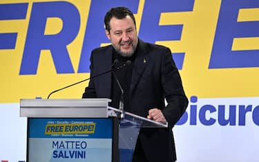 Italian deputy Prime Minister Matteo Salvini delivers a speech during a convention of the European Parliament leaders of Identity and Democracy group (ID), on December 3, 2023 at the Fortezza da Basso in Florence. The convention organized by Italian deputy Prime Minister Matteo Salvini launches the Northern League campaign for the European elections. ID group has MEPs from eight countries, with the majority coming from Italy’s Lega party, the Rassemblement National in France and Germany’s AfD. (Photo by Andreas SOLARO / AFP)