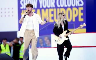 Tom Grennan performs during the Ryder Cup Opening Ceremony at the Marco Simone Golf and Country Club, Rome, Italy. Picture date: Thursday September 28, 2023.