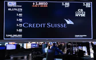 epa10524474 A screen displays information about Credit Suisse bank on the floor of the New York Stock Exchange in New York, New York, USA, on 15 March 2023. Shares in the Swiss based lender reached an all time low after it's main backer, Saudi National Bank would not provide further assistance.  EPA/JUSTIN LANE