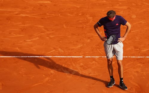 MONTE-CARLO, MONACO - APRIL 18: Alexander Zverev of Germany shows his dejection against Fabio Fognini of Italy in their third round match during day five of the Rolex Monte-Carlo Masters at Monte-Carlo Country Club on April 18, 2019 in Monte-Carlo, Monaco. (Photo by Clive Brunskill/Getty Images)