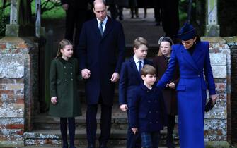 SANDRINGHAM, NORFOLK - DECEMBER 25: (L-R) Princess Charlotte, Prince William, Prince of Wales, Prince George, Prince Louis, Mia Tindall and Catherine, Princess of Wales attend the Christmas Morning Service at Sandringham Church on December 25, 2023 in Sandringham, Norfolk. (Photo by Stephen Pond/Getty Images)