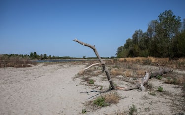 LINAROLO, ITALY - JULY 13: A general view of the dry riverbed at the confluence between Po and Ticino rivers, next to Ponte Della Becca (Becca Bridge), on July 13, 2022 in Linarolo, near Pavia, Northern Italy. A state of emergency was declared in five northern regions amid a worsening drought, as Italy experiences an early heatwave and a lack of rainfall. (Photo by Emanuele Cremaschi/Getty Images)