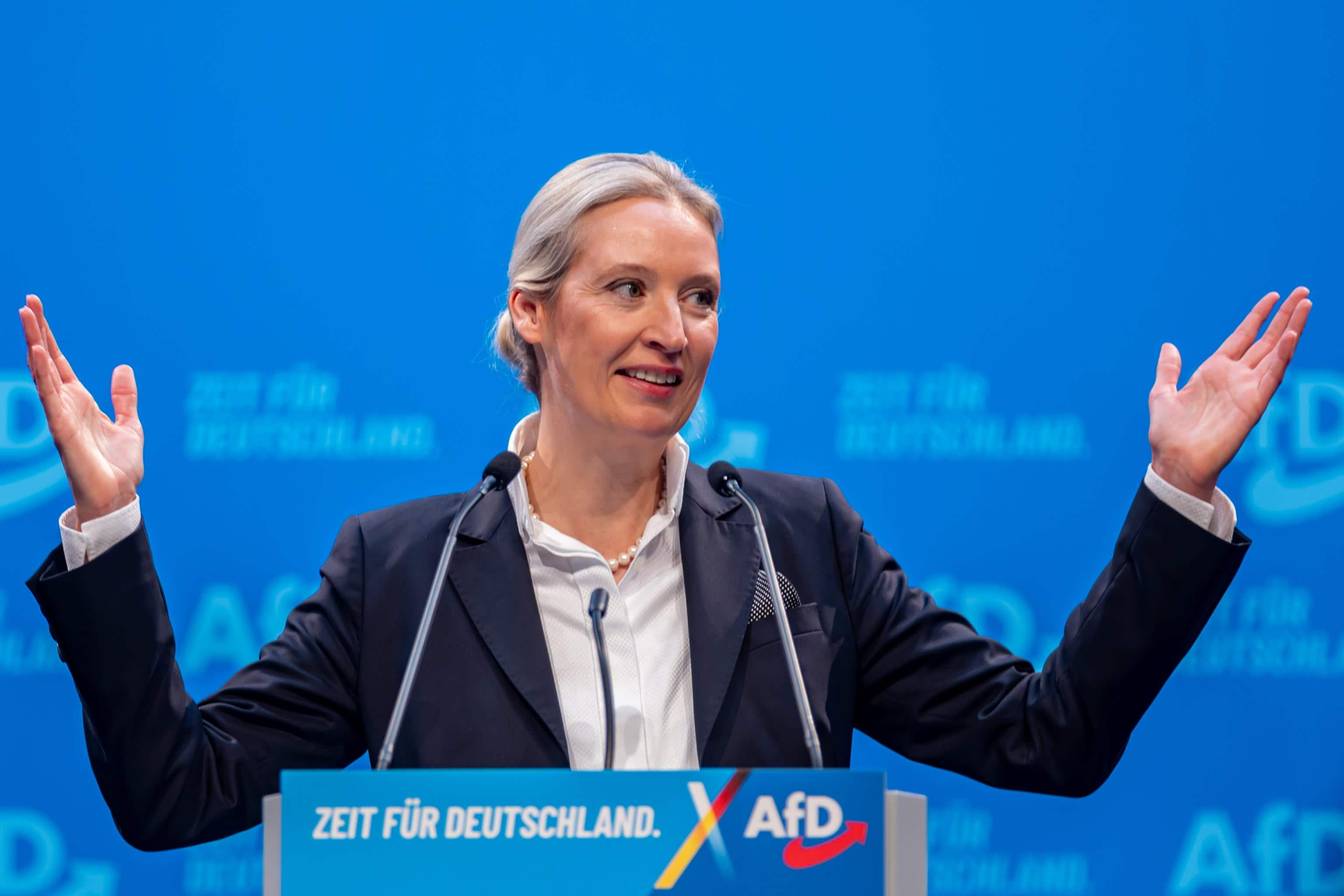 epa11818494 Alternative for Germany (AfD) party and faction co-chairwoman and top candidate for the federal election Alice Weidel delivers a speech as delegates confirm her as the AfD's chancellor candidate during the party's federal conference in Riesa, Germany, 11 January 2025. The AfD holds the 16th Federal Party Congress on 11 and 12 January to elect the party's candidate for chancellor and to adopt its federal election program, ahead of the early general elections scheduled on 23 February.  EPA/MARTIN DIVISEK