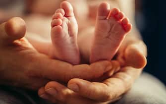 newborn baby legs in mothers lovely hand with soft focus on babie's foot