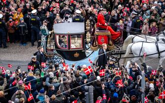 epa11076047 Denmark's Queen Margrethe is escorted by the Guard Hussar Regiment's Mounted Squadron from Amalienborg Castle to Christiansborg Castle for her abdication and change of throne in Copenhagen, Denmark, 14 January 2024. Denmark's Queen Margrethe II announced in her New Year's speech on 31 December 2023 that she would abdicate on 14 January 2024, the 52nd anniversary of her accession to the throne. Her eldest son, Crown Prince Frederik, is set to succeed his mother on the Danish throne as King Frederik X. His son, Prince Christian, will become the new Crown Prince of Denmark following his father's coronation.  EPA/IDA MARIE ODGAARD DENMARK OUT