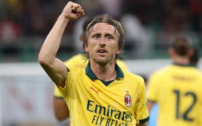 Ac Milan's Luka Modri? jubilates after scoring goal of 1 to 0 during the Italian serie A soccer match between Milan and Bologna  at Giuseppe Meazza stadium in Milan, 14 September  2025.
ANSA / MATTEO BAZZI
