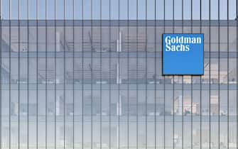 New York, NY, USA. May 2, 2022. Editorial Use Only, 3D CGI. Goldman Sachs Signage Logo on Top of Glass Building. Workplace of Investment Banking Compa