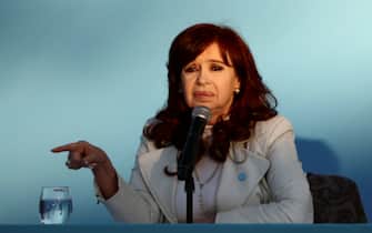 Former Argentine president (2007-2015) Cristina Fernandez de Kirchner speaks during the inauguration of the “President Nestor Kirchner” stadium in Quilmes, Buenos Aires Province, on April 27, 2024. (Photo by TOMAS CUESTA / AFP)