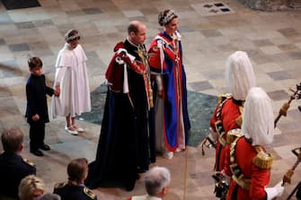 Britain's Prince William, Prince of Wales, Britain's Catherine, Princess of Wales, Britain's Princess Charlotte of Wales and Britain's Prince Louis of Wales arrive at Westminster Abbey in central London on May 6, 2023, ahead of the coronations of Britain's King Charles III and Britain's Camilla, Queen Consort. - The set-piece coronation is the first in Britain in 70 years, and only the second in history to be televised. Charles will be the 40th reigning monarch to be crowned at the central London church since King William I in 1066. Outside the UK, he is also king of 14 other Commonwealth countries, including Australia, Canada and New Zealand. Camilla, his second wife, will be crowned queen alongside him, and be known as Queen Camilla after the ceremony. (Photo by PHIL NOBLE / POOL / AFP) (Photo by PHIL NOBLE/POOL/AFP via Getty Images)