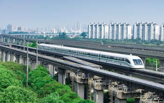 Shanghai magnetic levitation (maglev) train departure for Pudong airport.This train link Pudong international airport with Shanghai downtown area.