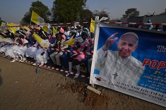 Attendees gather ahead of Pope Francis' meeting with bishops, priests, deacons, consecrated persons and seminarians at the Cathedral of Saint Therese in Juba, South Sudan, 04 February 2023. Pope Francis arrived on a three-day visit to South Sudan to promote peace and reconciliation in the world's youngest country, riven by the scars of civil war and extreme poverty. 
ANSA/ CIRO FUSCO