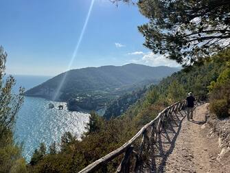 Hiker on trail above Adriatic sea in Gardano National Park, south of Vieste, Puglia, Italy. (Photo by: Jumping Rocks/Universal Images Group via Getty Images)