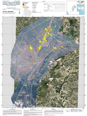 Le prime immagini dai 
satelliti europei del Copernicus Rapid Mapping che evidenziano i
danni delle aree colpite dal violento terremoto che ha colpito
Turchia e Siria. Sono relative a 6 città, tra cui Antiochia,
Adana e Osmaniye, e nelle prossime ore arriveranno quelle
relative ad altre 14 aree, Roma, 8 Febbraio 2023. ANSA/E-GEOS

+++ ANSA PROVIDES ACCESS TO THIS HANDOUT PHOTO TO BE USED SOLELY TO ILLUSTRATE NEWS REPORTING OR COMMENTARY ON THE FACTS OR EVENTS DEPICTED IN THIS IMAGE; NO ARCHIVING; NO LICENSING +++NPK+++