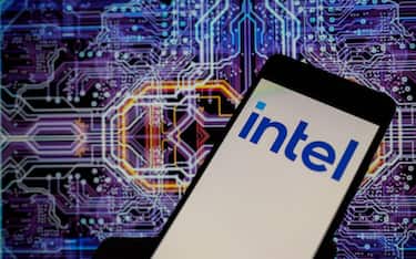 The Intel Corporation logo is being displayed on a smart phone in this photo illustration in Brussels, Belgium, on January 28, 2024. (Photo illustration by Jonathan Raa/NurPhoto via Getty Images)