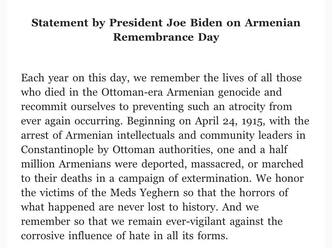 Joe Biden riconosce il genocidio degli armeni