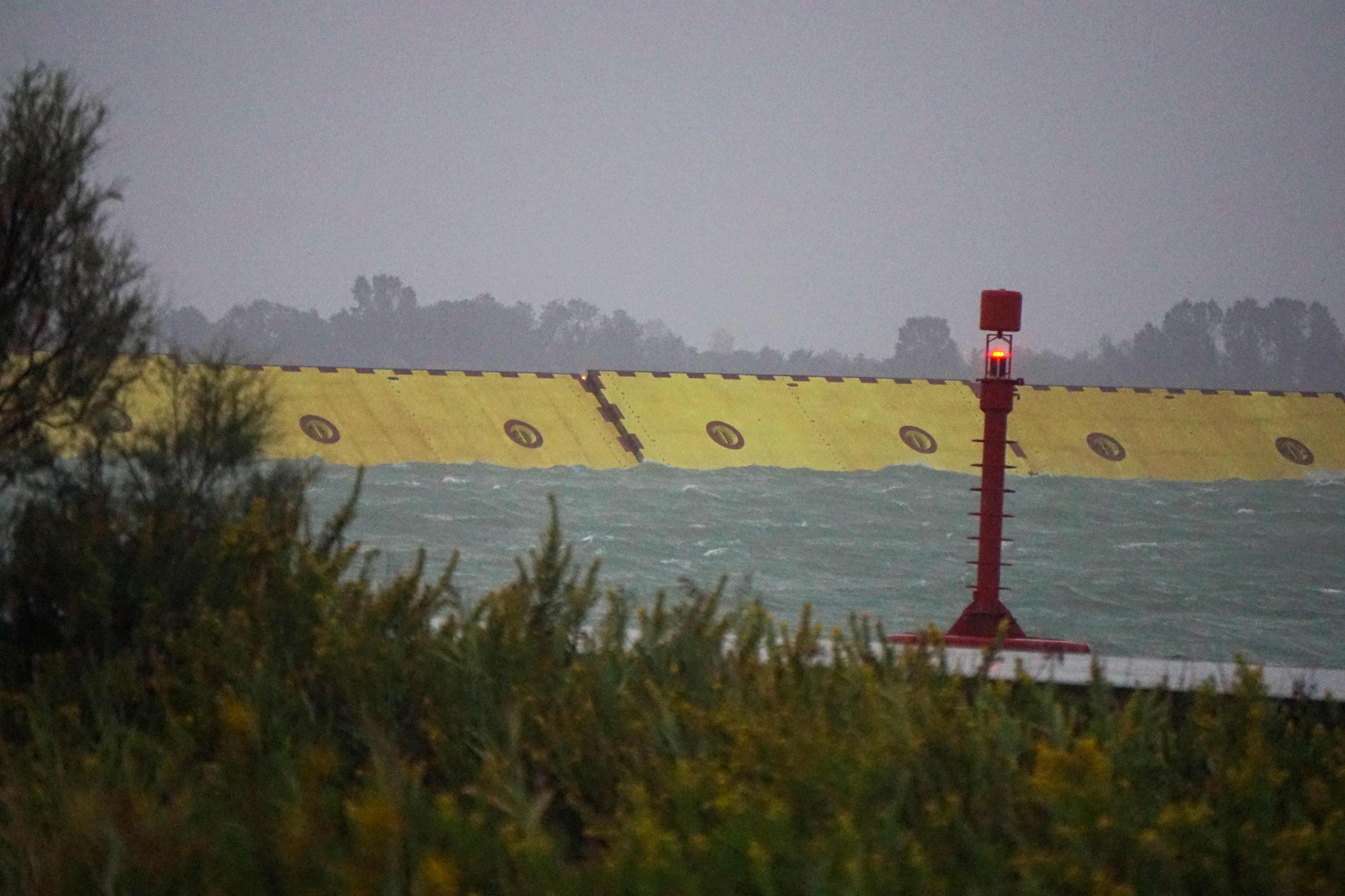 The barriers of the 'Mose', emerged from the water, for the first time, to protect Venice from the high tide, for now still under the metro, Venice, Italy, 03 October 2020. On Venice has begun to rain, and there is a strong sirocco wind. ANSA / Andrea Merola