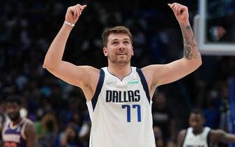 DALLAS, TX - MAY 6: Luka Doncic #77 of the Dallas Mavericks celebrates during Game 3 of the 2022 NBA Playoffs Western Conference Semifinals on May 6, 2022 at the American Airlines Center in Dallas, Texas. NOTE TO USER: User expressly acknowledges and agrees that, by downloading and or using this photograph, User is consenting to the terms and conditions of the Getty Images License Agreement. Mandatory Copyright Notice: Copyright 2022 NBAE (Photo by Glenn James/NBAE via Getty Images)
